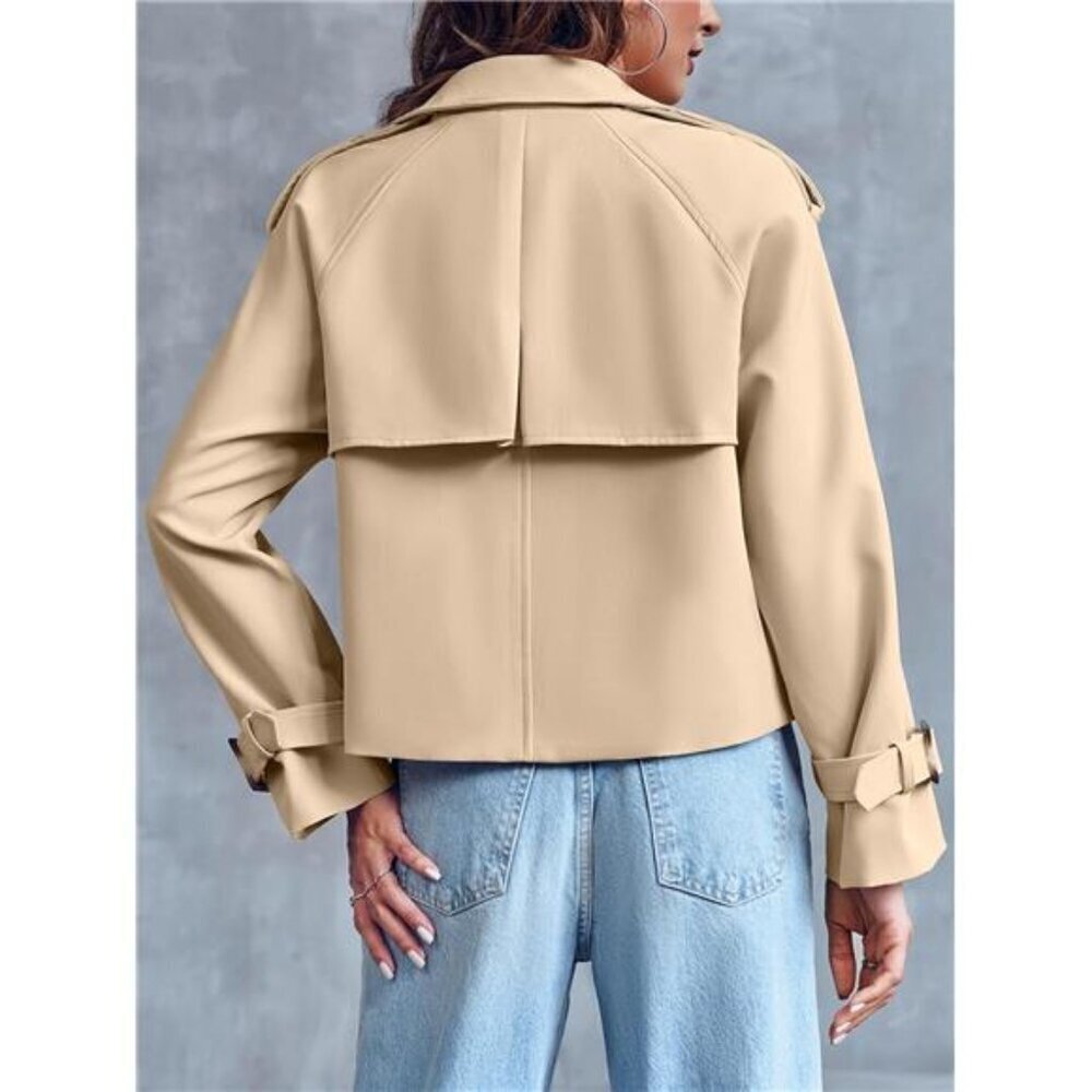 Women Crop Double Breasted Trench Coat Raglan Sleeve Work Office - Picture 5 of 7